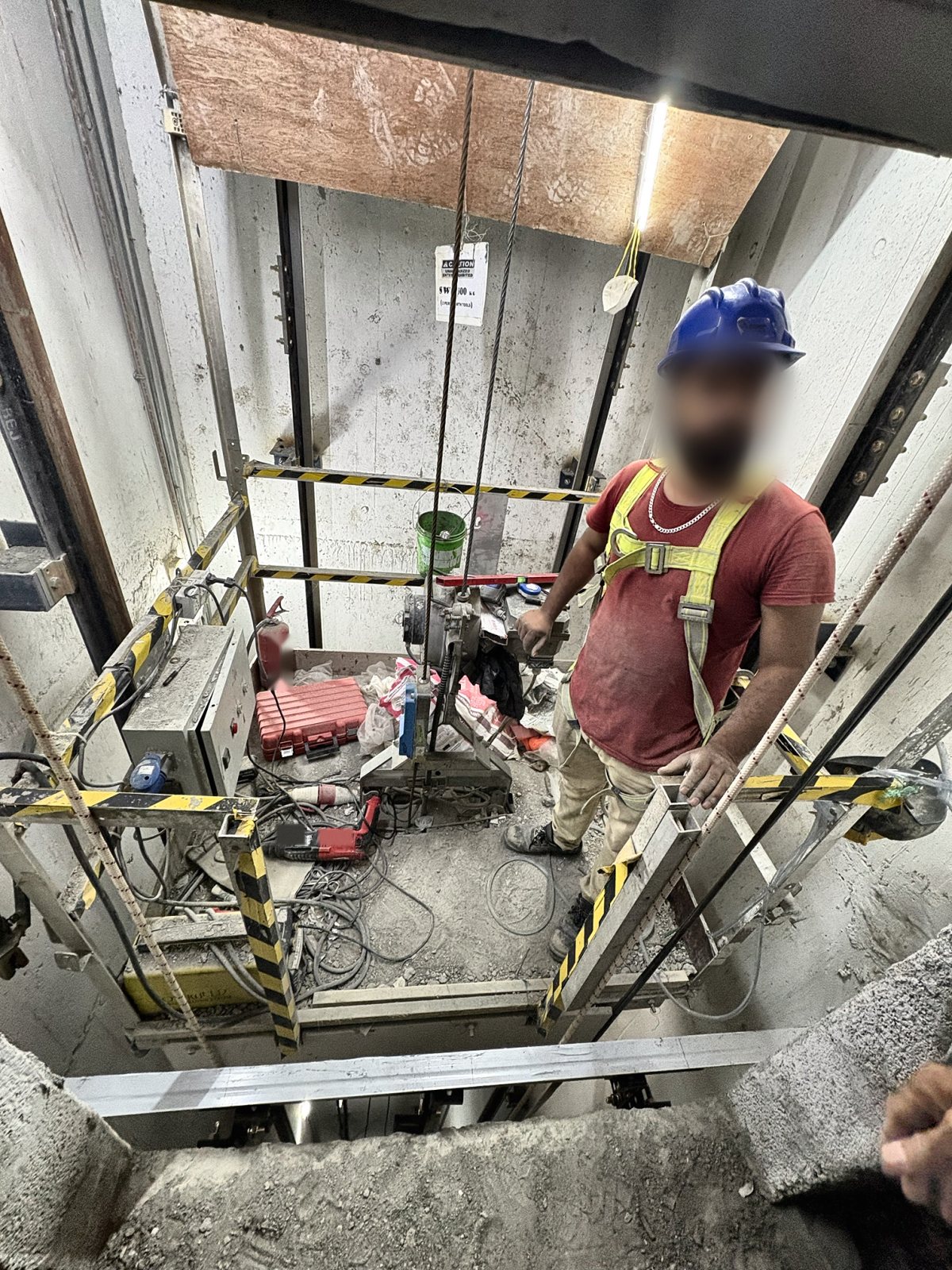 False car seen from the landing, with hoist and control box